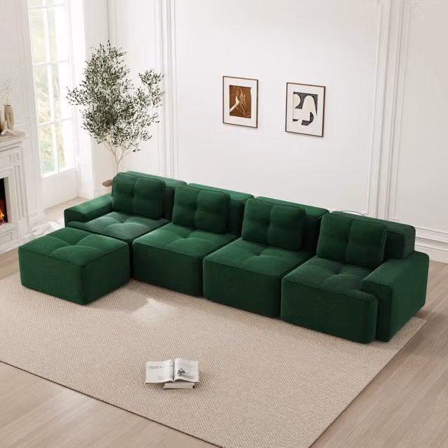 Canapé modulare con chaise longue a L 4 posti senza montaggio seduta profonda antiscivolo in velluto a coste verde