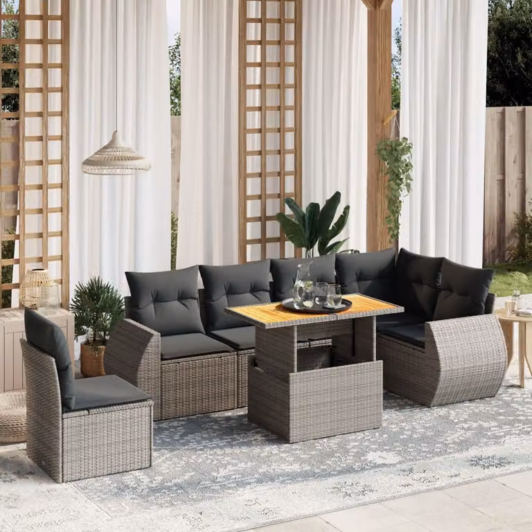 Set di divani da giardino vidaXL in polyrattan grigio con cuscini, tavolino e sedute a L per esterno