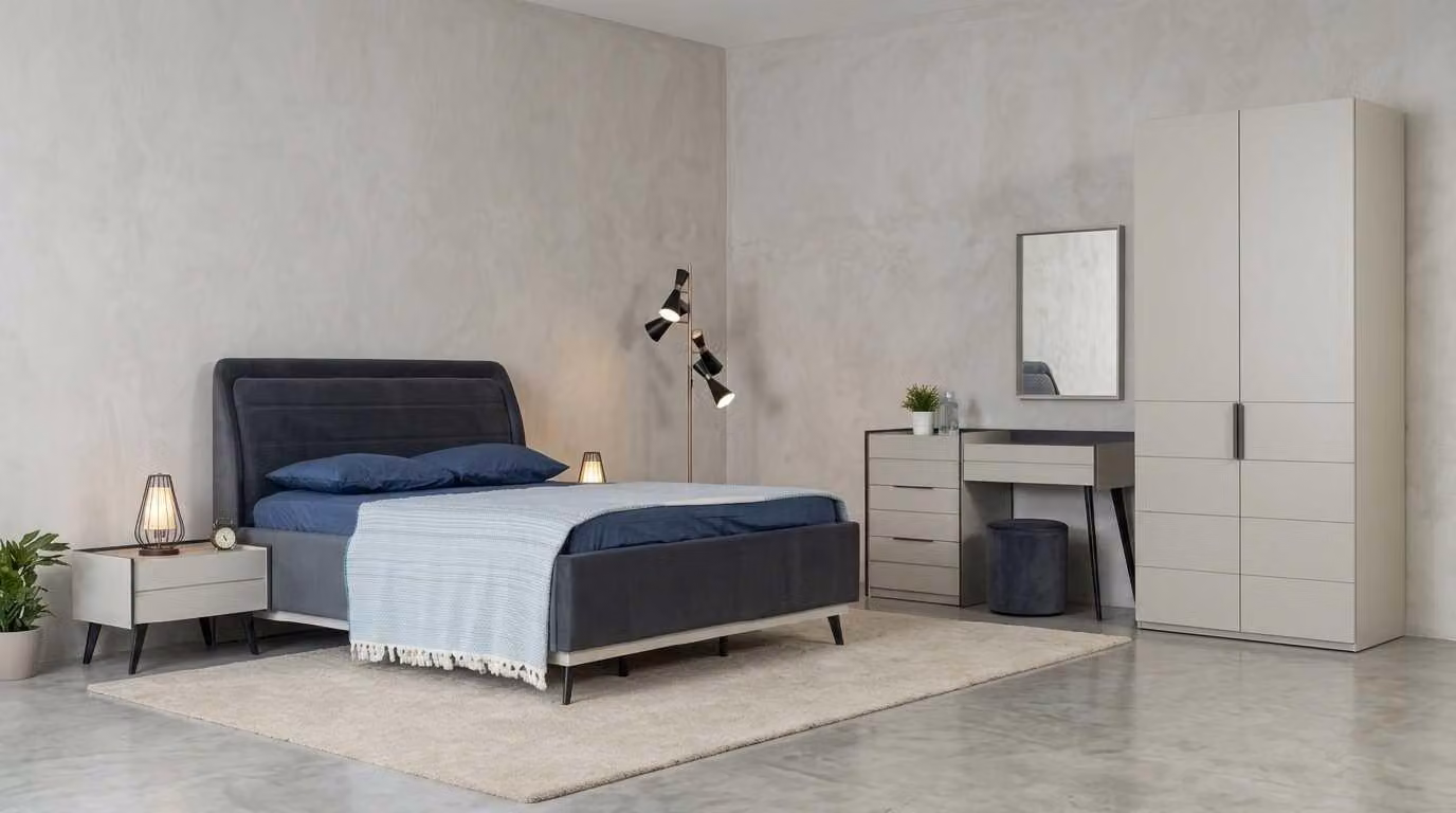 Set per camera da letto: letto, comodini, armadio, design moderno, colori blu e beige, elegante