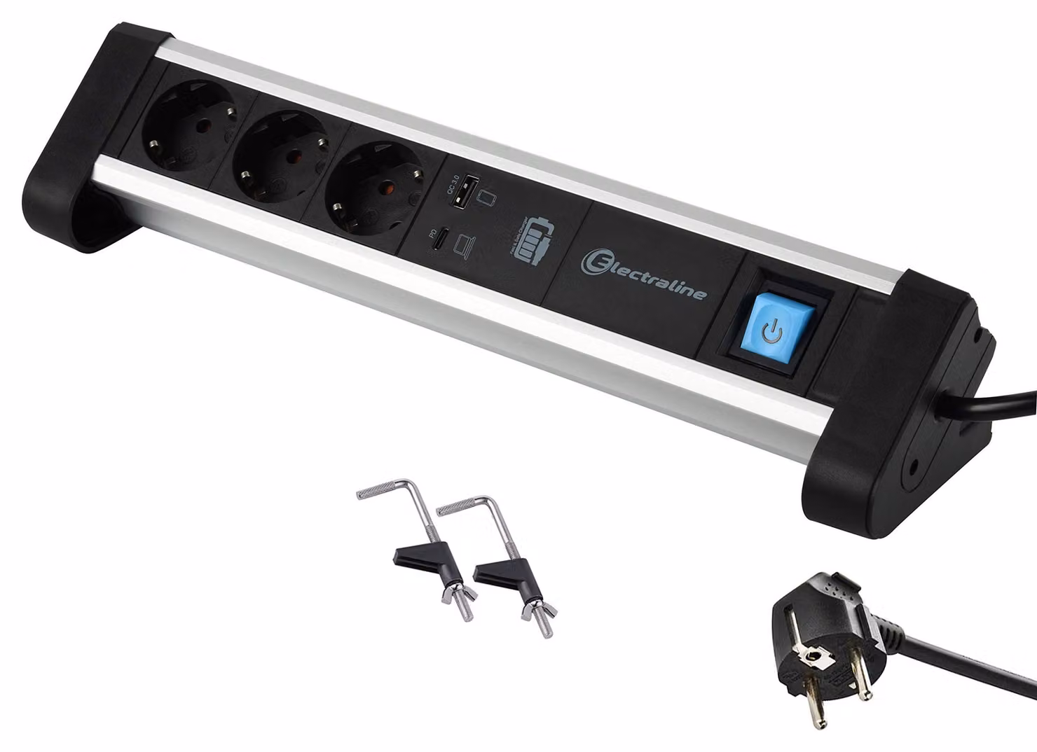 Electraline 62556, ciabatta multipresa da scrivania in alluminio, con 3 prese e 2 porte USB da 65W
