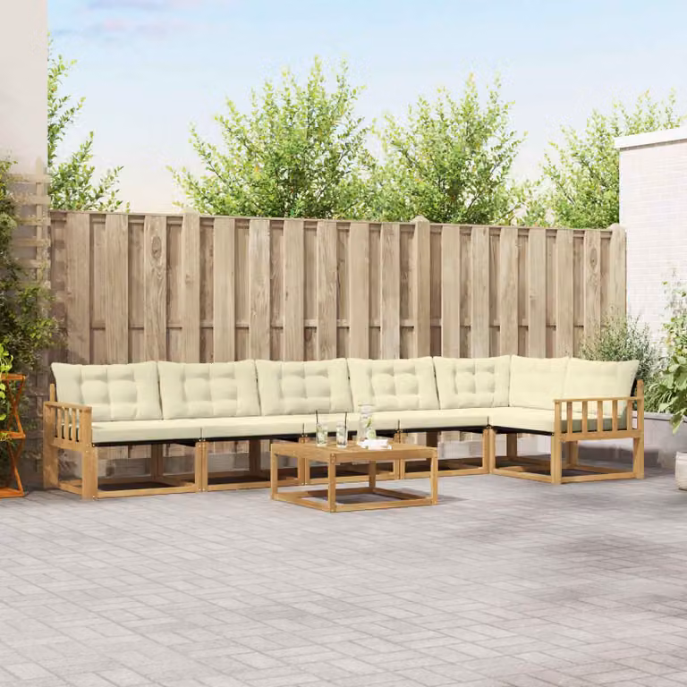 Set di divani da esterno vidaXL 7 pz in legno di acacia con tavolino e cuscini, Bianco, Beige e Marrone