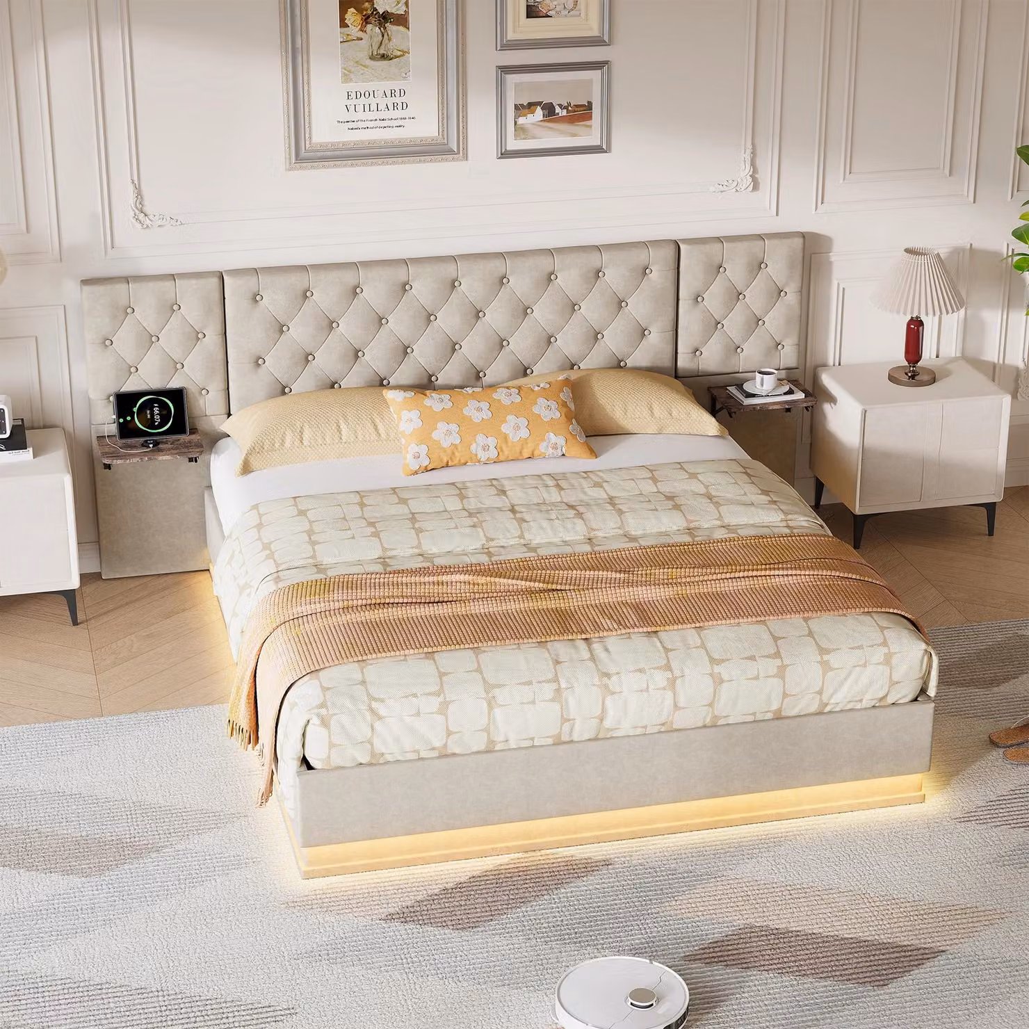 Letto imbottito - Letto matrimoniale 140 x 200 cm - Spazio contenitore con sistema idraulico - 2 comodini integrati - Testiera ampia - Rivestimento in lino - Colore beige - Senza materasso