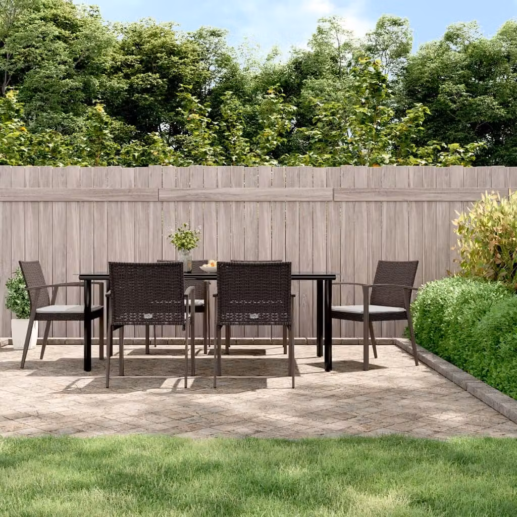 Set Pranzo da Giardino vidaXL in Polyrattan e Acciaio con Cuscini, 7 Pezzi, Moderno, Disponibile in Marrone, Nero o Bianco