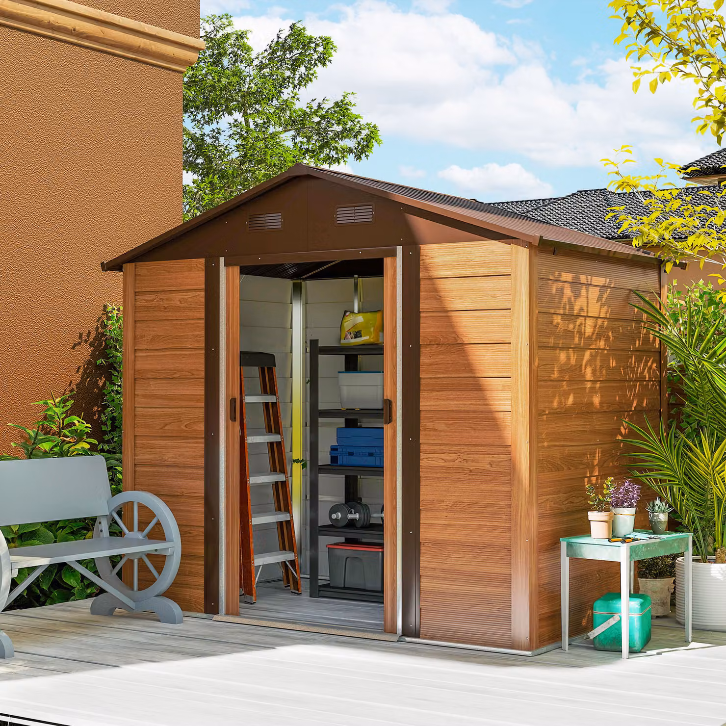 Casetta da Giardino Outsunny in Acciaio con Effetto Legno Rustico e Doppie Porte Scorrevoli, Marrone, L: 236 cm, P: 196 cm, H: 208 cm – 2