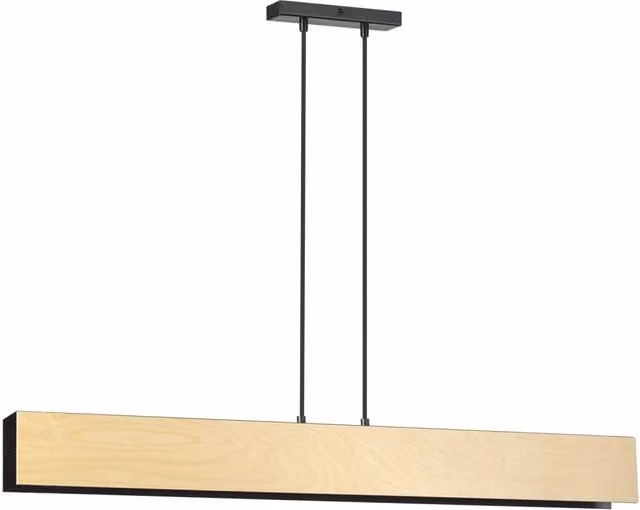 Lampadario 4 Luci Lupos In Acciaio Nero Corpo Rettangolare E Legno Naturale