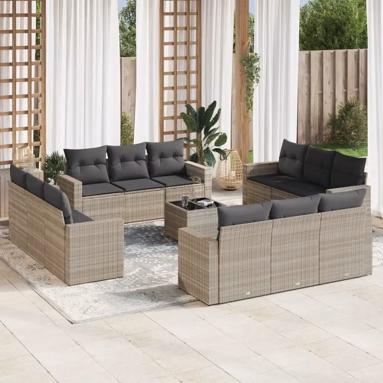 Set di divani da giardino vidaXL a forma di U composto da 13 pezzi con cuscini grigi e tavolino in vetro