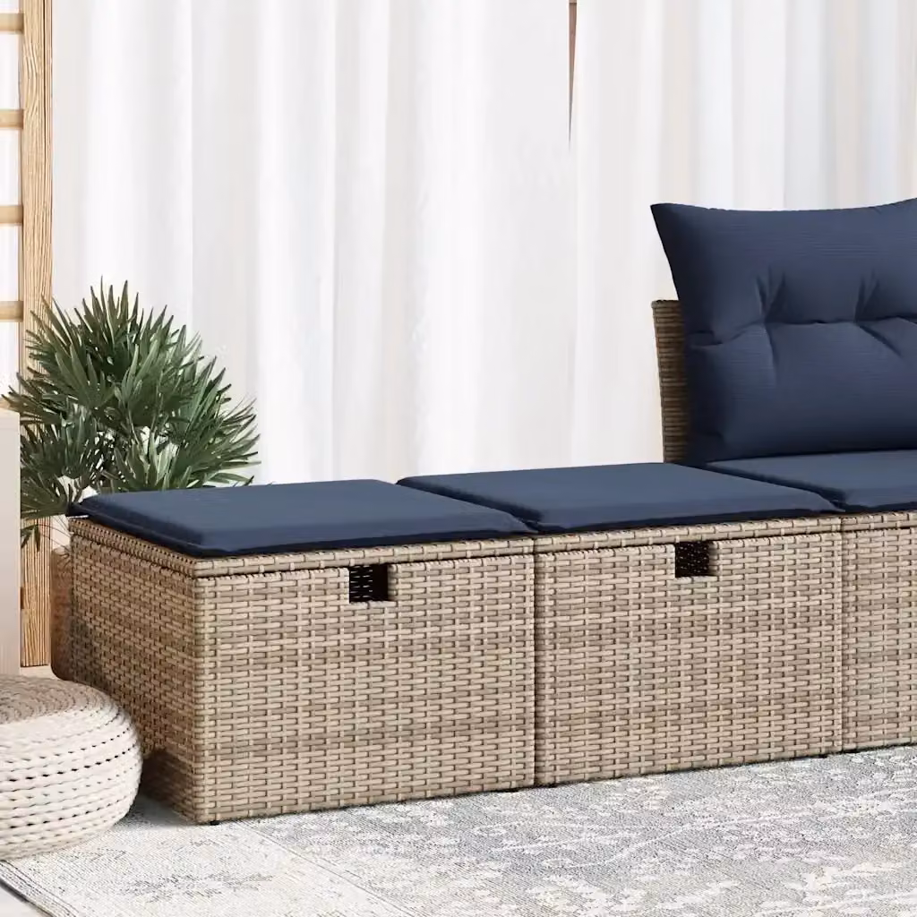 Set Salotto da Giardino 2 Pezzi in Polyrattan e Acacia con Cuscini Blu e Grigri e Ottoman – 2