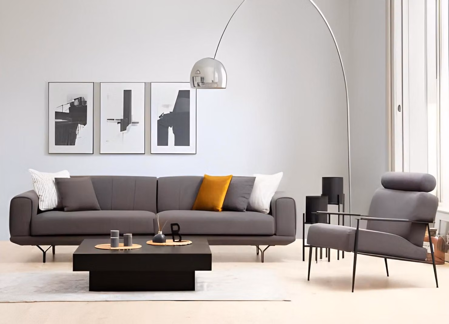 Wohnzimmer Set 3tlg 4-Sitzer 3-Sitzer Sessel mit Kissen Grau Einfarbig