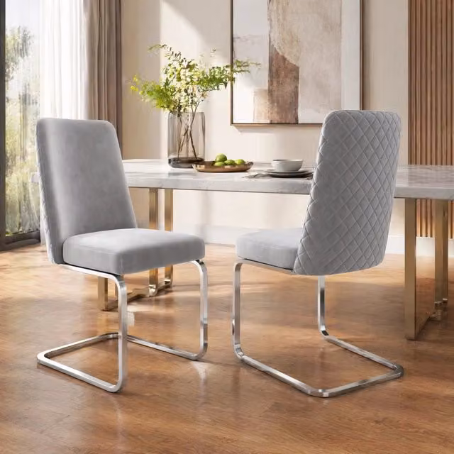 Set di 2 sedie da pranzo in velluto grigio con gambe in metallo argento