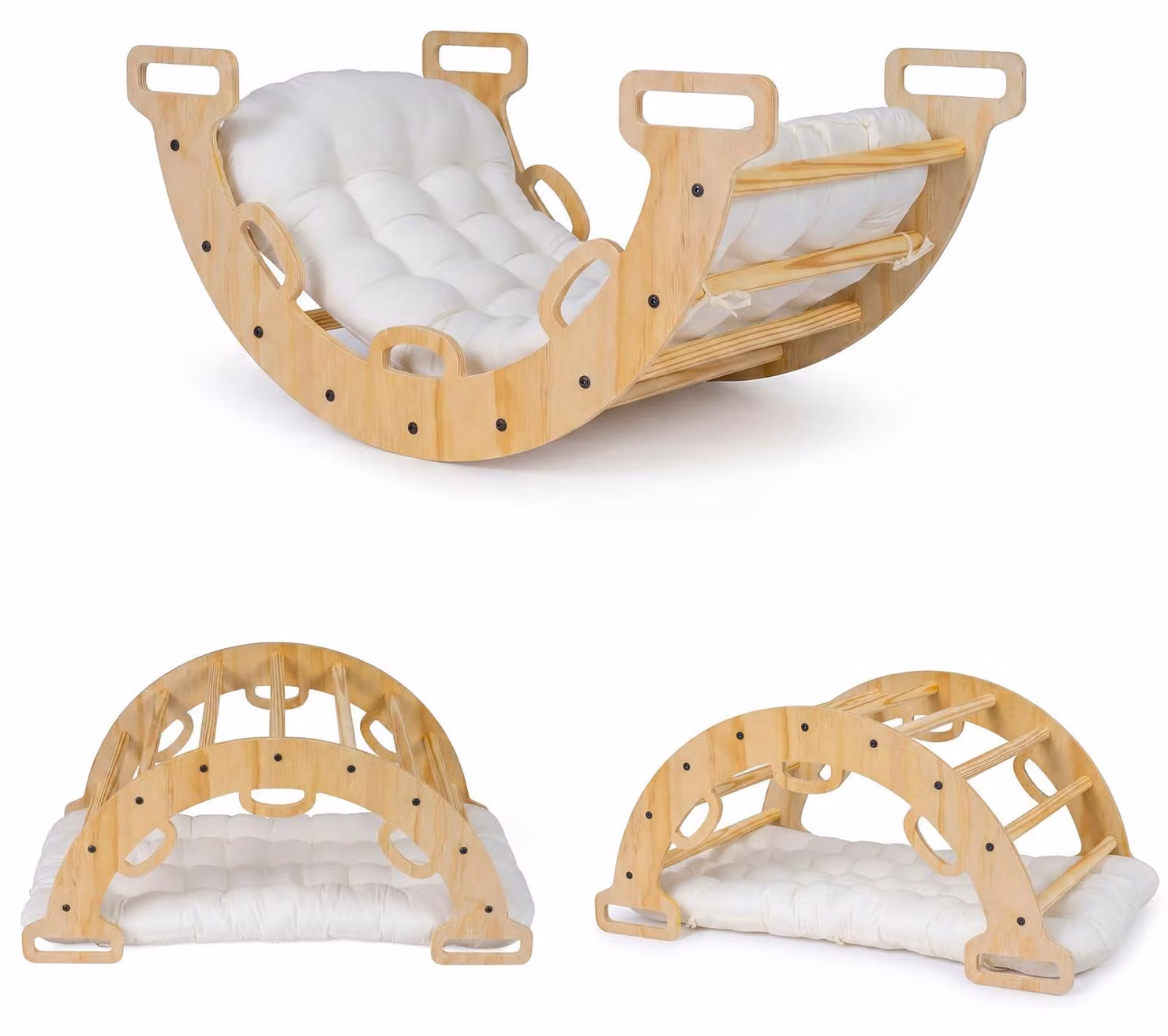 FANTASK, struttura in legno 3-in-1 per arrampicata, con cuscini, triangolo da interno per arrampicata e dondolamento