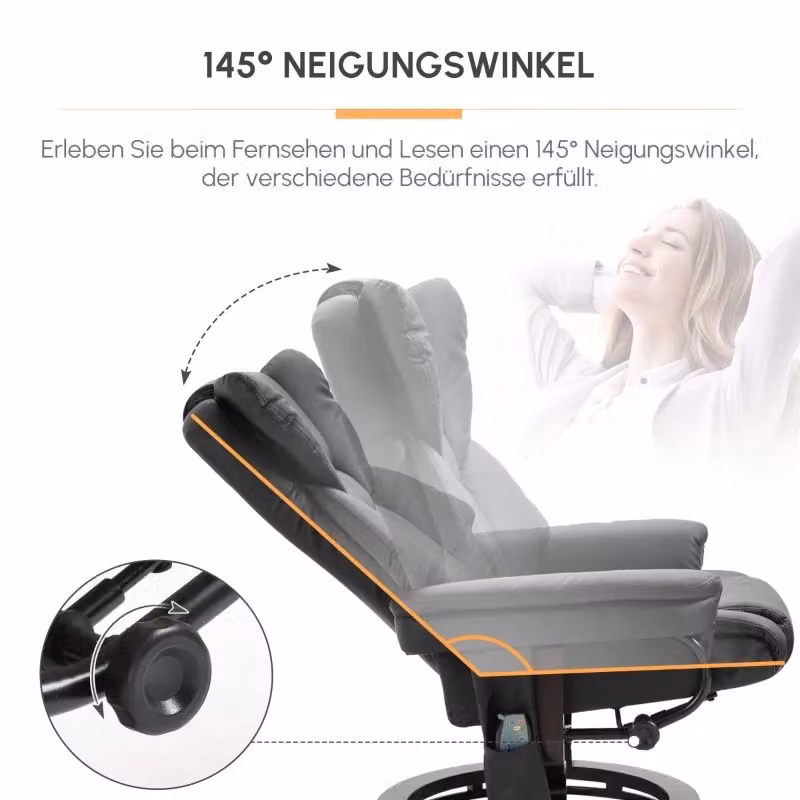 Poltrona Relax REDOM girevole con massaggio e pouf in pelle rigenerata nera L 79 cm, P 82 cm, H 101 cm – 2