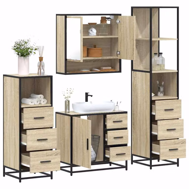 Set di mobili da bagno industrial vidaXL 4 pezzi in legno e metallo marrone con illuminazione LED, composto da armadietto con specchio, mobile lavabo, mobile laterale e colonna alta, H 166,0 x L 65,0 x P 37,5 cm