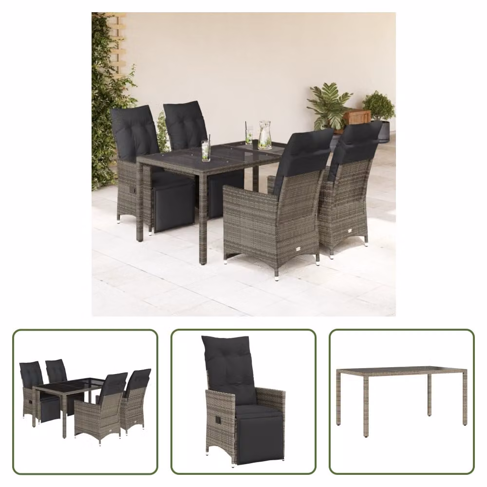 The Living Store Set da giardino bistrot 5 pezzi con cuscini in poly rattan grigio