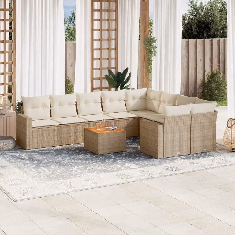 vidaXL Set Divano da Giardino 10 pz in Polyrattan con Cuscini Beige e Tavolino da Esterno