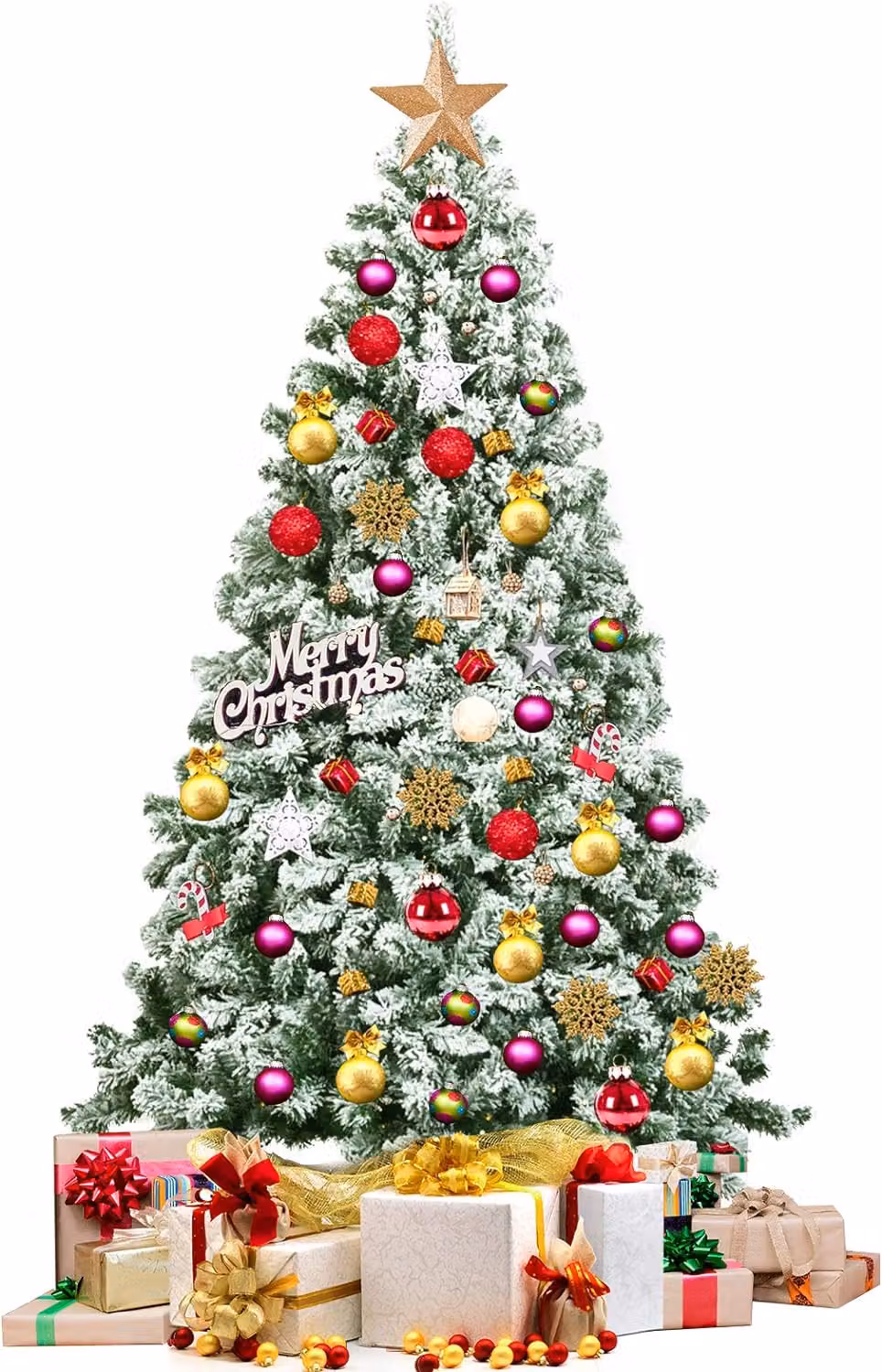 Albero di Natale artificiale da 183 cm con fiocchi di neve, decorazione natalizia con base in metallo, adatto per l'ufficio, la casa e gli spazi esterni