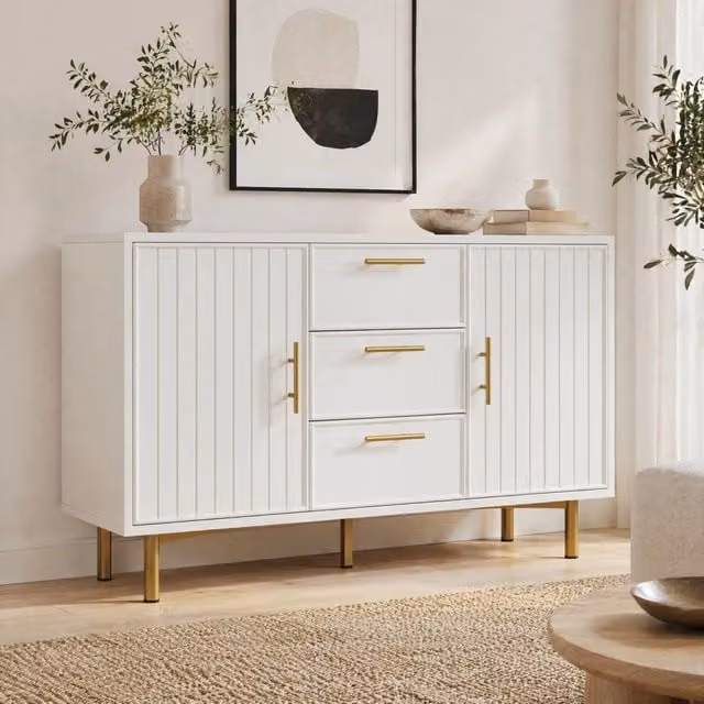 Credenza moderna bianca con 2 ante e 3 cassetti in MDF e metallo per sala da pranzo, L: 120 cm