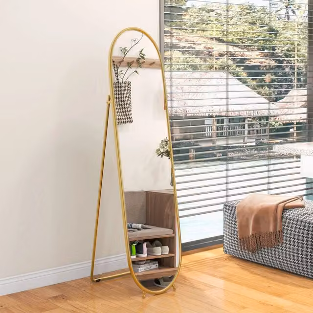 Specchio da terra ovale WISHDOR con telaio in metallo oro e supporto richiudibile L: 40 cm, H: 160 cm