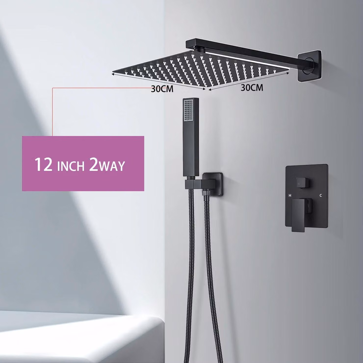 Sistema doccia da bagno, installazione a muro, soffione a pioggia da 30 cm, montaggio a parete, acciaio inossidabile 304, miscelatore monocomando per acqua calda e fredda, cartuccia in Vetroceramica, finitura spazzolata