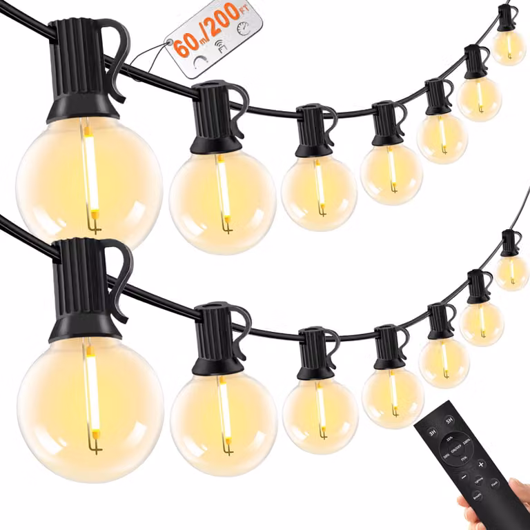Catena luminosa da 60 metri, con dimmer, 78+2 lampadine LED G40, telecomando, grado di protezione IP44