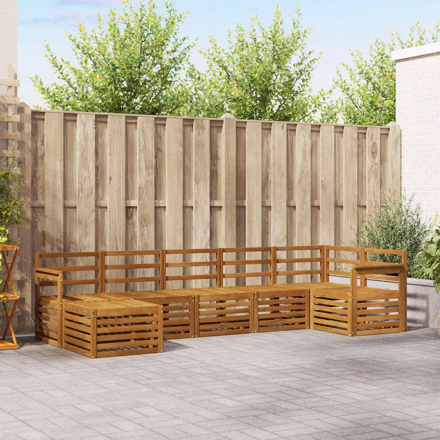 Set di divani da esterno vidaXL 7 pezzi in legno di acacia marrone con cuscini e pouf a forma di L per giardino e terrazza
