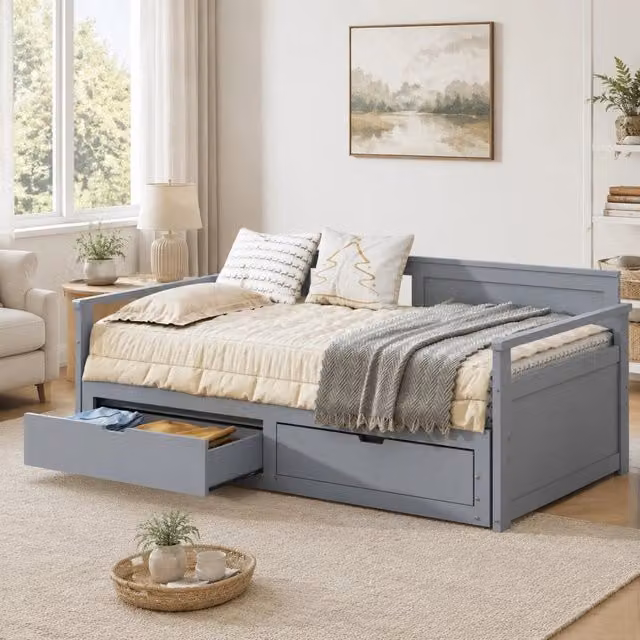 Letto da giorno estraibile ULEVR 90x190/180x190 cm con cassetti e rete a doghe, grigio