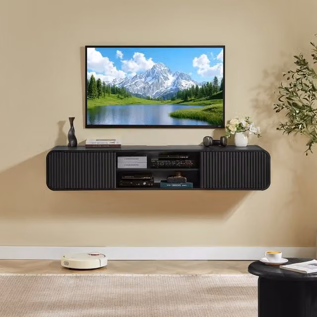 Mobile TV da parete 160 cm nero con vani aperti, mobile sospeso per soggiorno e camera da letto