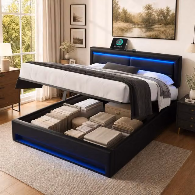 Letto imbottito Mivray con contenitore e ricarica wireless, colore nero, L/P/H: 160 x 200 x 105 cm