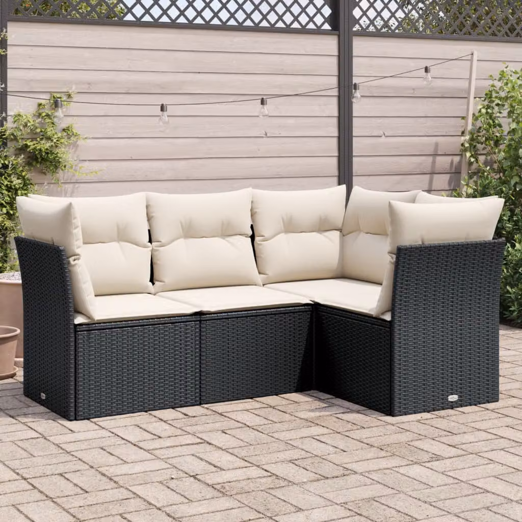 Set di Divani da Giardino a L vidaXL 4 pz con Cuscini, Struttura in Metallo e Polyrattan, Nero e Bianco – 1