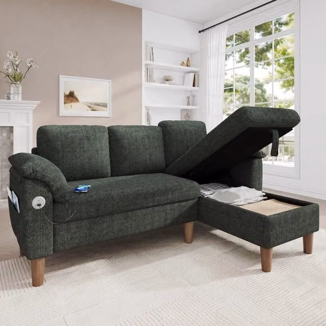Divano angolare chaise longue 3 posti con contenitore ¨C Minimal ¨C verde tessuto chenille braccioli imbottiti porte USB