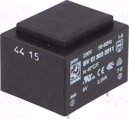 1 trasformatore: rivestito, corrente nominale 255mA, tensione 230VAC, potenza 2,3VA, uscita 9V. Montaggio: BV EI 303, standard 2011