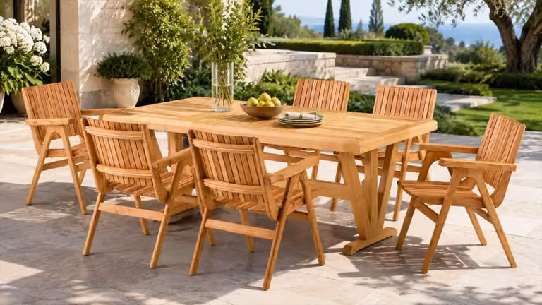 Set da salotto per giardino, tavolo, sedie, tavolo da pranzo per esterno, design moderno, legno, elegante, nuovo