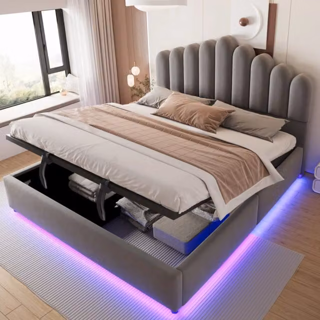 Letto Matrimoniale Contenitore 180x200 cm in Velluto Grigio con Luci LED e Testiera Imbottita
