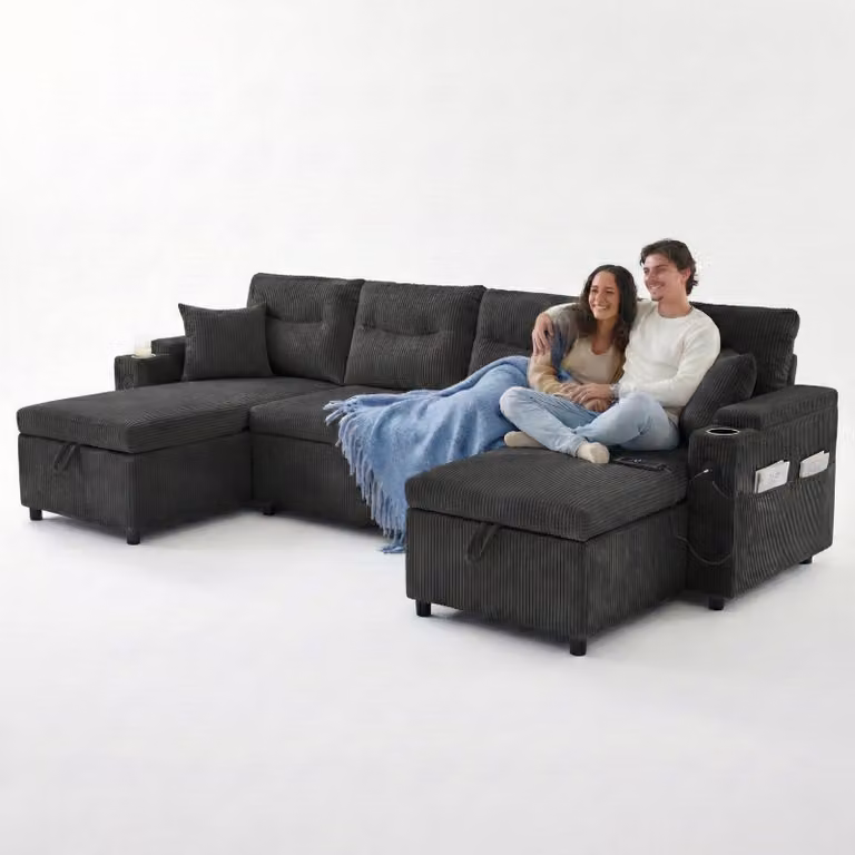 LVHOM Divano letto a U con contenitore, USB-C - Divano angolare con funzione letto, divano da salotto in velluto a coste a 4 posti, divano con contenitore, nero