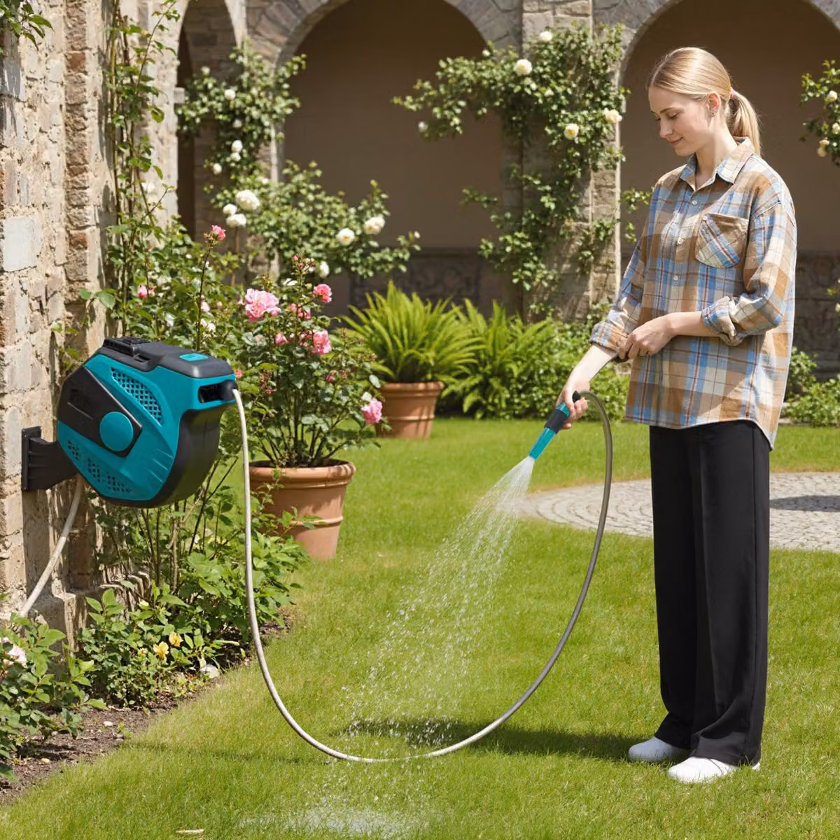 Avvolgitubo automatico Costway con ritorno lento per patio e prato, tubo da 20m e tubo di alimentazione da 2m