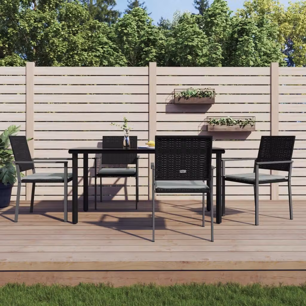 Set da pranzo da giardino vidaXL in polyrattan e acciaio con cuscini, colore nero e grigio