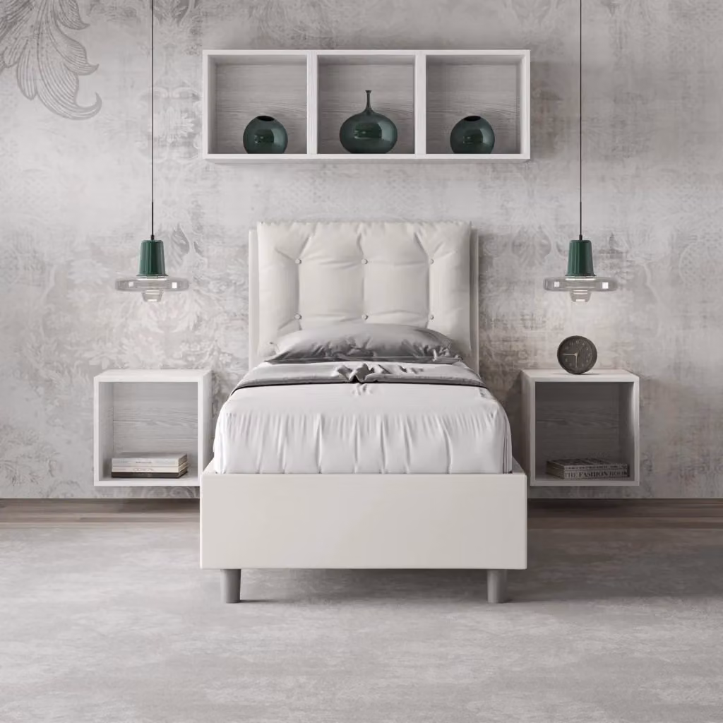 Letto Singolo Moderno GIORDANOSHOP con Contenitore a Alzata in Tessuto Bianco L/P/H: 80 x 190 cm – 2