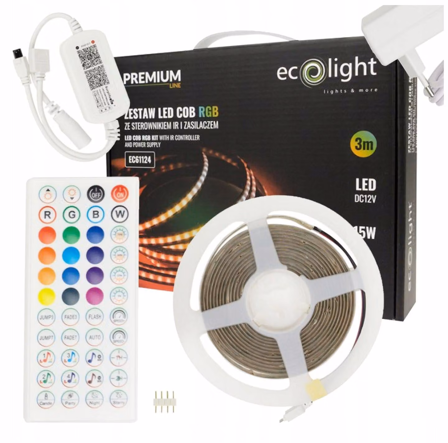 Striscia LED COB, colore singolo RGB, 450 mm, 15W/m, alimentatore e controller inclusi, lunghezza 3 metri