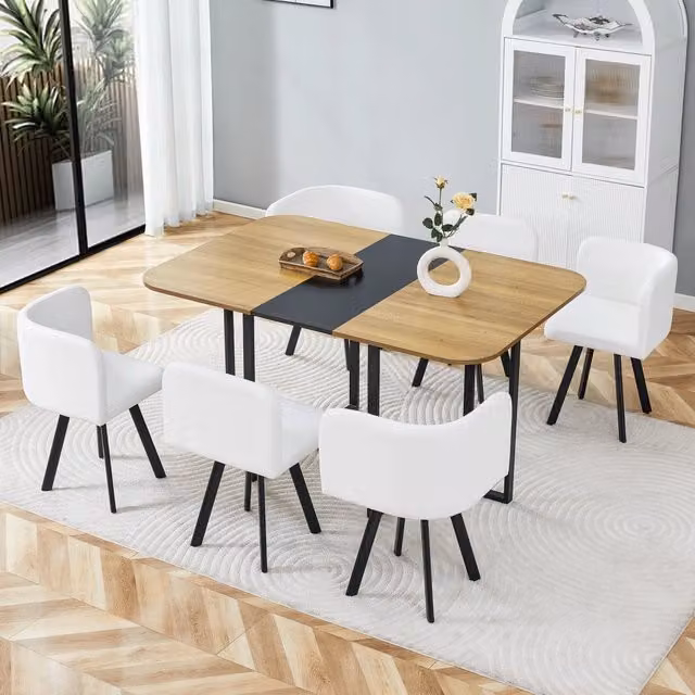 Set tavolo da pranzo e sedie con tavolo allungabile per 4-6 persone in MDF, metallo e PU nero, legno naturale e bianco