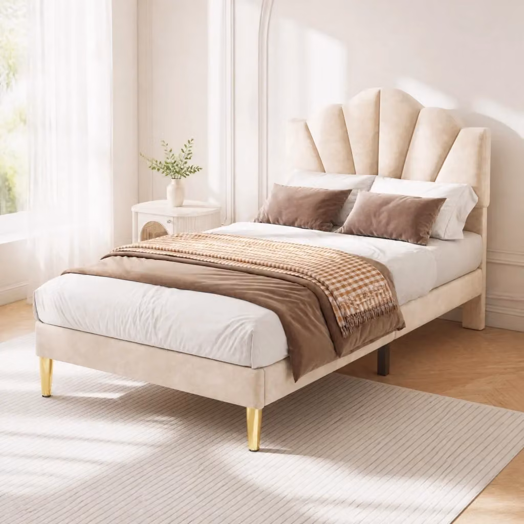 Letto imbottito REDOM in velluto beige e oro con testiera regolabile L/P/H: 90 x 200 x 130 cm – 2
