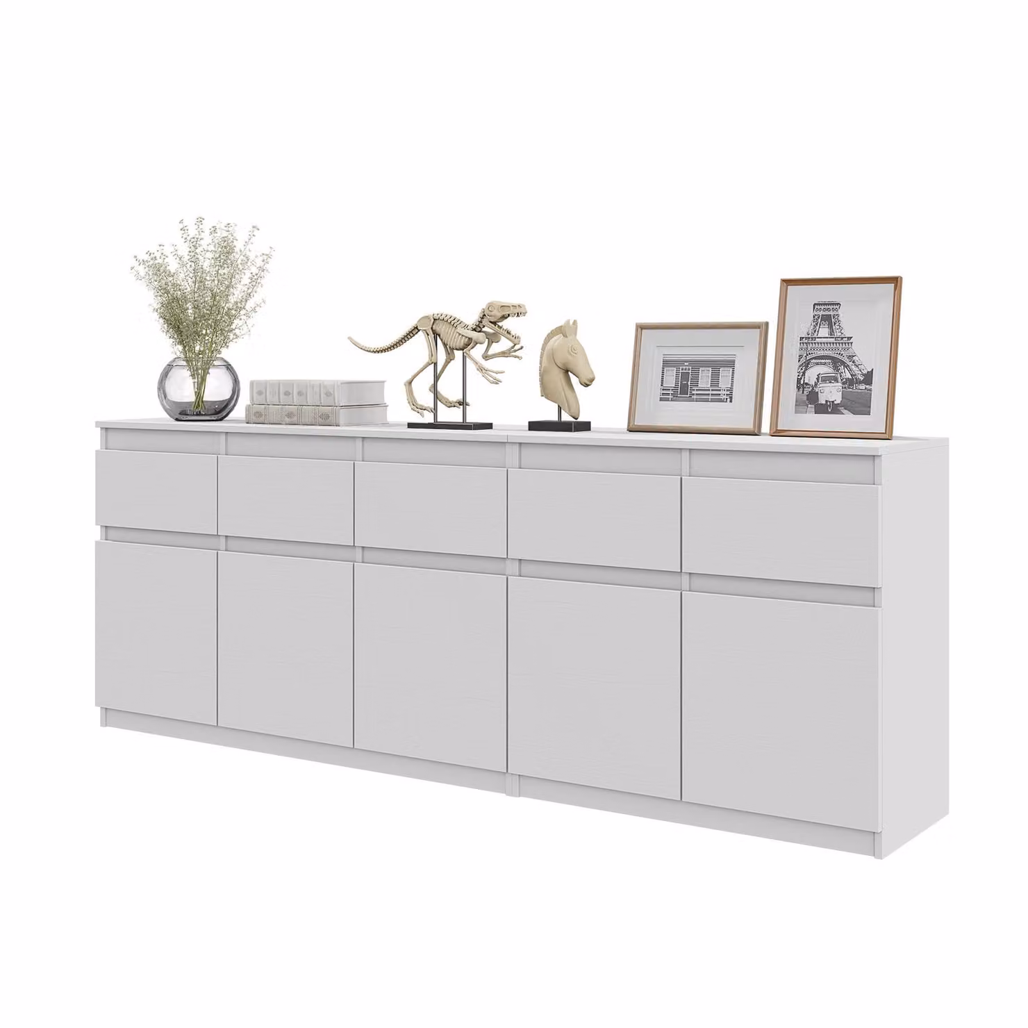 Set Di Due Cassettiere (120 + 80 Cm) Bianco Opaco, 5 Cassetti, 5 Ante, 5 Ripiani, 200 Cm