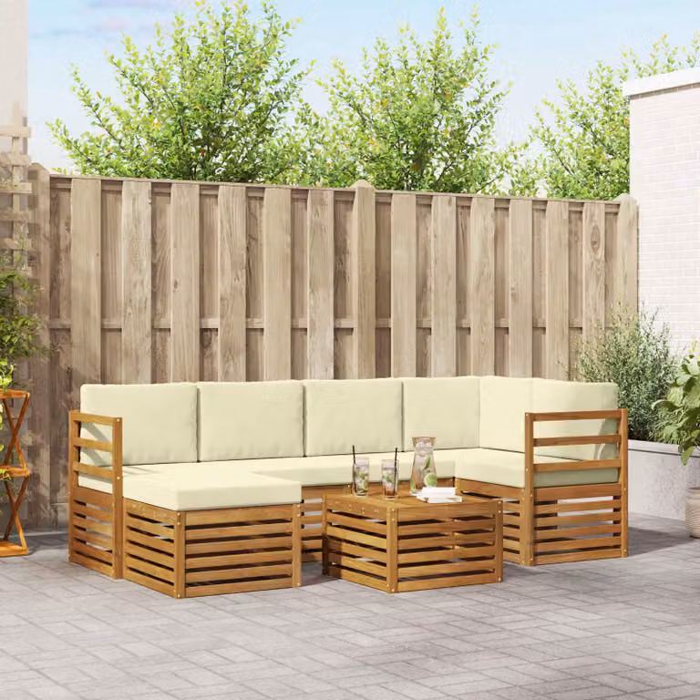 Set di divani da esterno vidaXL 7 pz a forma di L in legno di acacia con cuscini beige e bianco