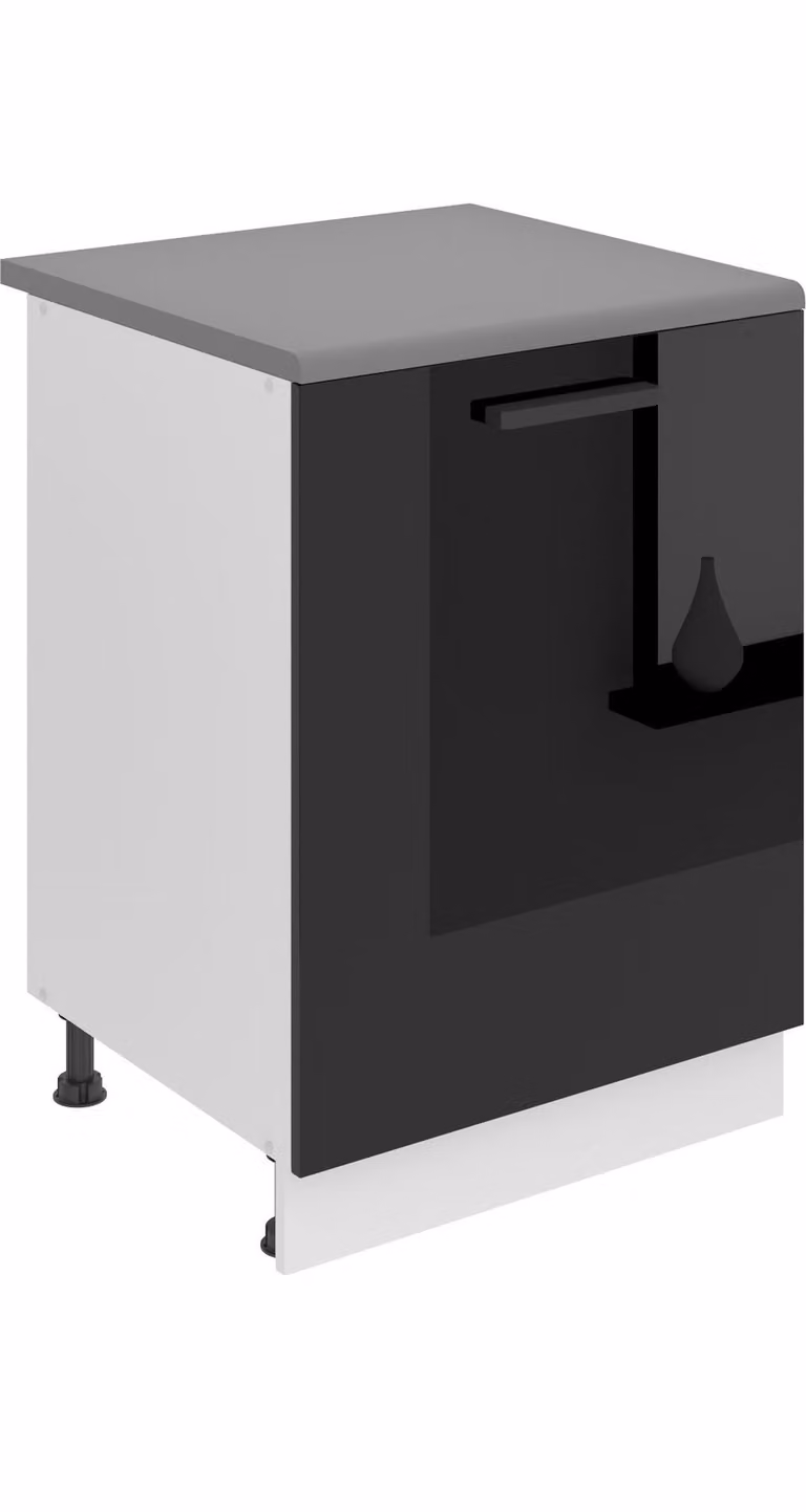 Base da cucina Belini, base da cucina larga 60 cm. Base per cucina SD con piano di lavoro. Mobile da cucina a 1 anta, nero lucido