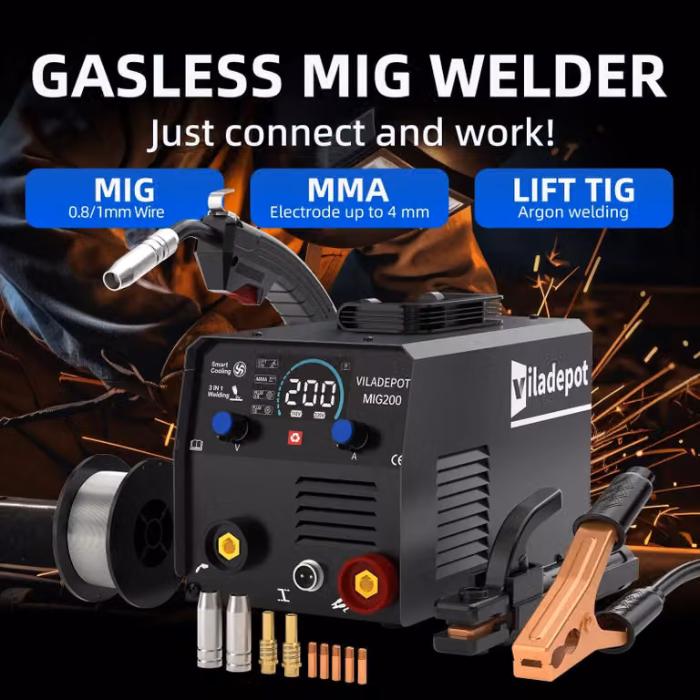 Saldatrice 3 in 1 MIG/MMA/Lift TIG - Saldatrice a inverter MIG200 - Senza gas con filo animato - 15–200 A - 220 V - Alimentazione automatica del filo - Spina UE