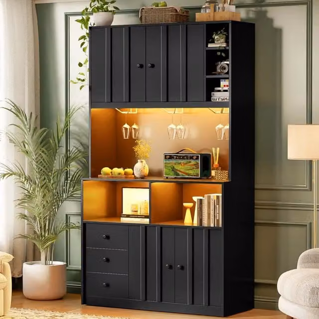 Armadio da cucina alto 180 cm con LED, presa elettrica, vetrina e porta vino per cucina e sala da pranzo