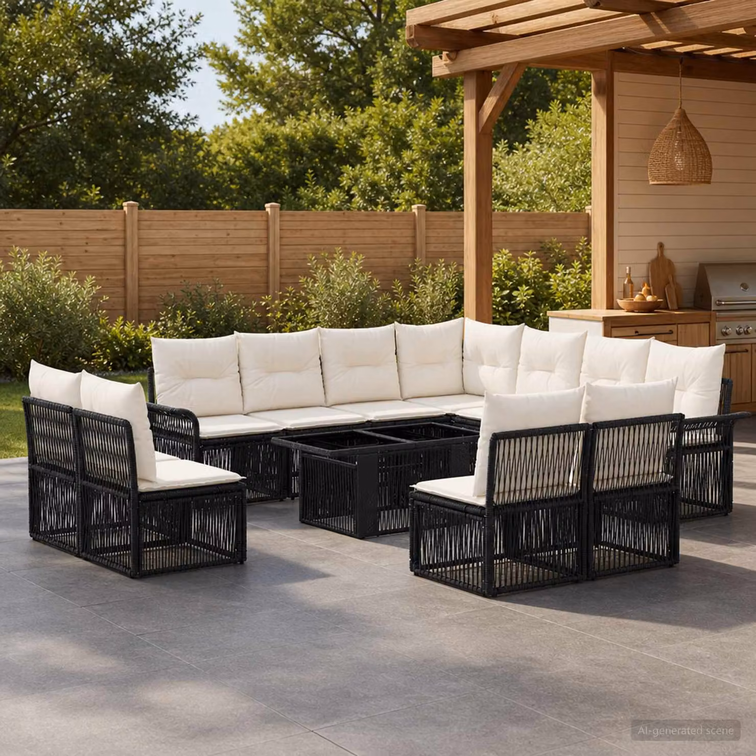 Set Divano da Giardino vidaXL a Forma a L con Tavolino da Caffè, 12 Pezzi, Nero e Bianco Crema, in Polyrattan e Metallo con Cuscini Inclusi