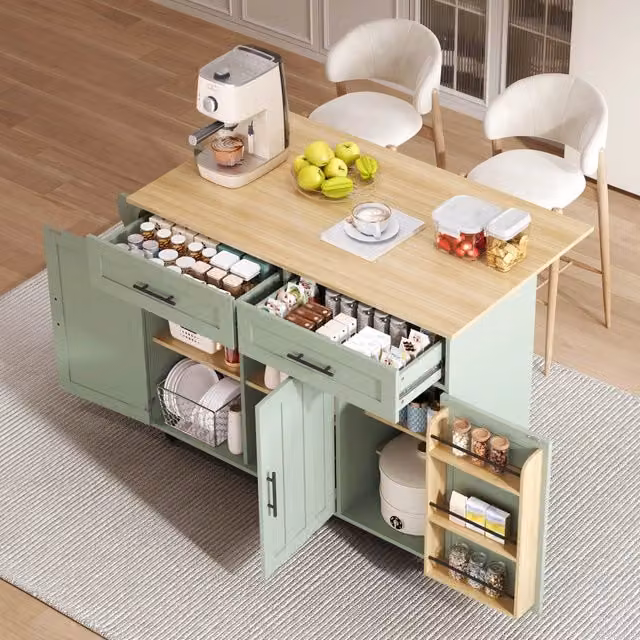 Carrello da Cucina Sideboard ¨C Minimal ¨C Verde Legno Massello 129x46(71)x91,5cm con Ruote Pieghevole