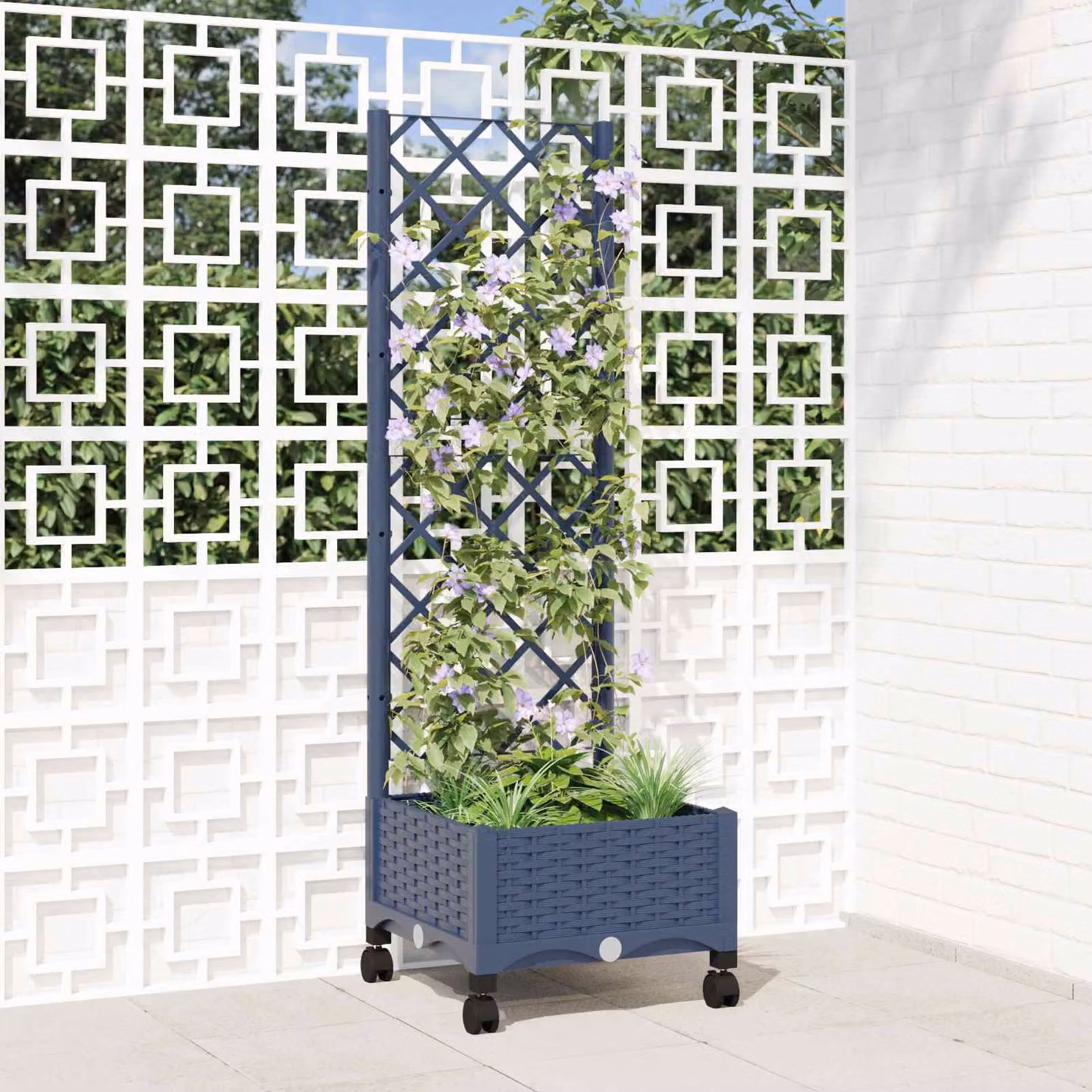 vidaXL Vaso da giardino con grigliato e ruote Blu Grigio in plastica