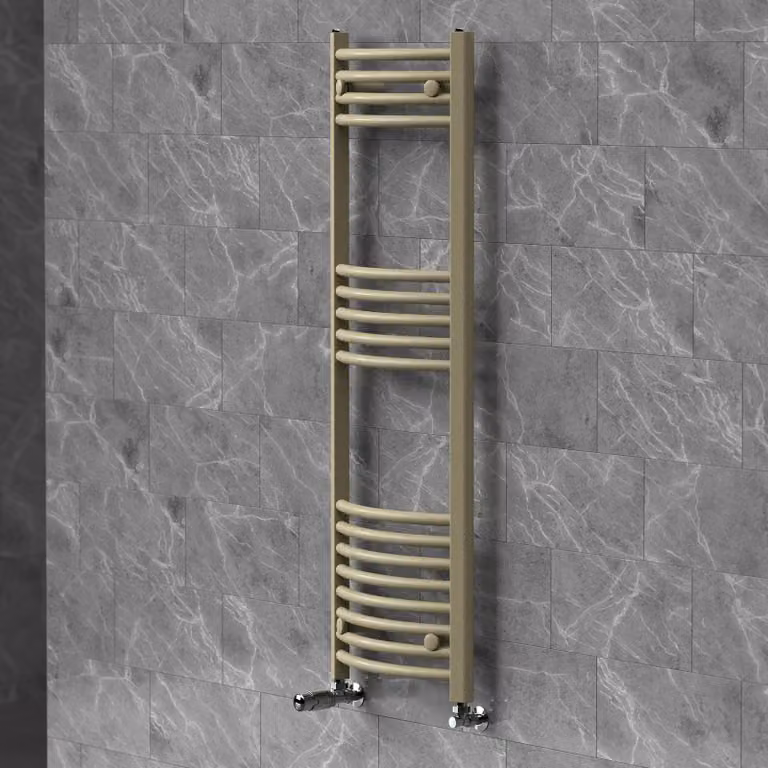 Asciugamani radiante LuxeBath 400x1200 mm, radiatore per bagno con valvola termostatica, asciugamani Sahara curvo con attacco laterale, portasciugamani, color beige