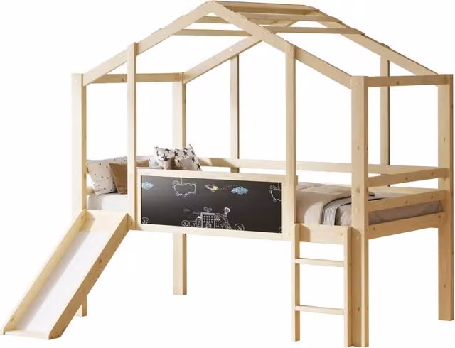 Letto a soppalco per bambini 90x200 cm con scivolo; scala e lavagna in legno massello naturale