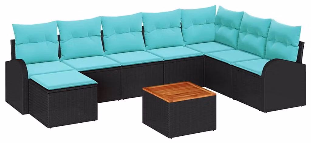 Set da giardino composto da 9 pezzi, in rattan sintetico nero e turchese